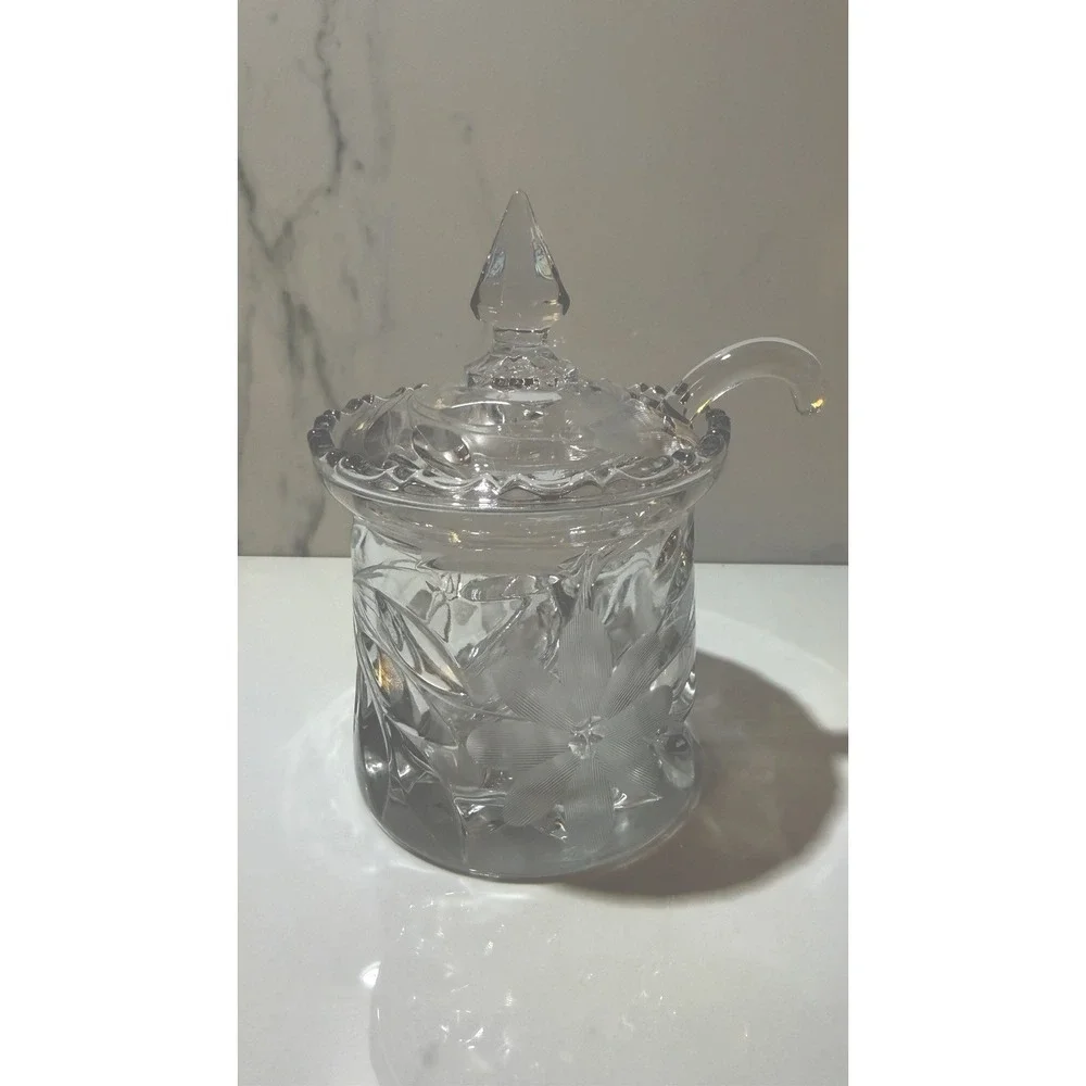Vintage Crystal Lidded Sugar Bowl with Glass Spoon